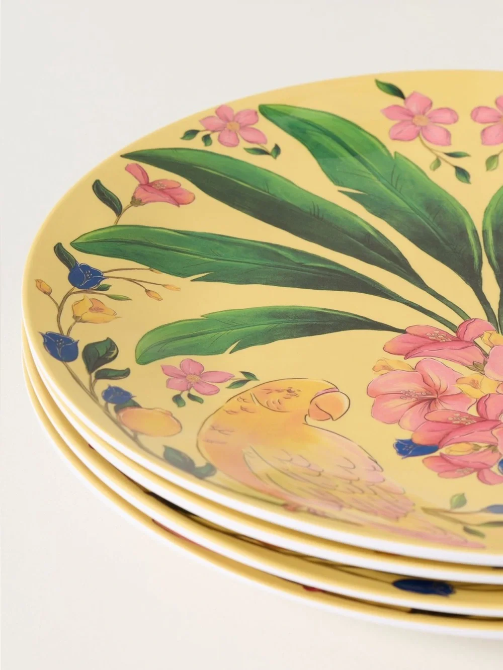 🌴 Anthropologie Melamine Dinner Plates Tropical Birds 10.75” FARM Rio Set of 4